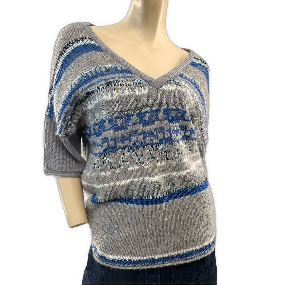 Free People- Fair Isle V-Neck Sweater in Gray & Blue-S
